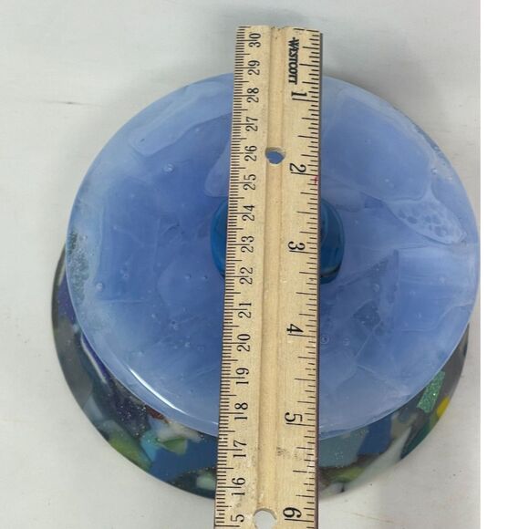 Vintage Large fused Glass Blue Handmade Lidded Trinket Dish Sugar Bowl Art - Picture 8 of 9